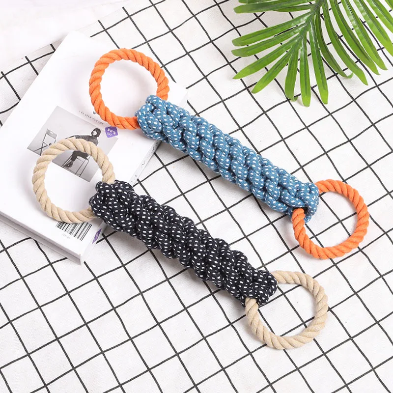 Pet dog toy Double-ring chewable cotton knot toy Tooth cleaning Durable braided bone rope Pet teething toy Pet supplies