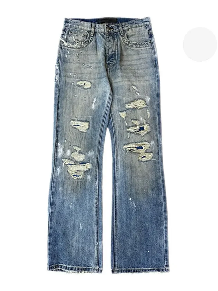 No faith studios American washed worn ripped and slightly splashed ink straight jeans