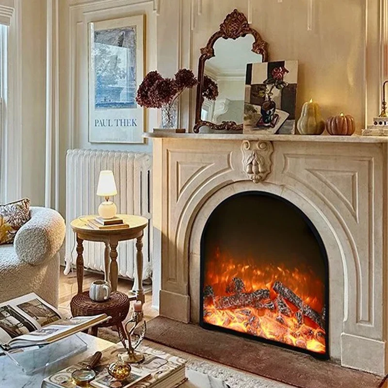 Wabi-sabi Style Beige Marble Surround Fireplace Mantel TV Stand Indoor Natural Stone Artistic Carving Kitchen Outdoor Workshop