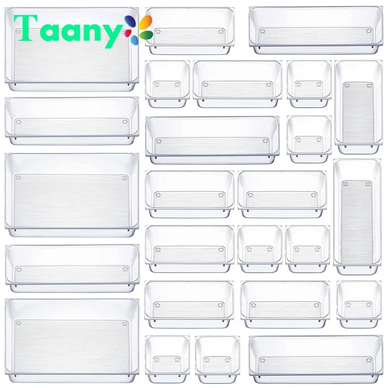 Clear Drawer Organizer Transparent Drawer Divider Storage Box Bins Case for Utensil Cosmetic Groceries Kitchen Tableware