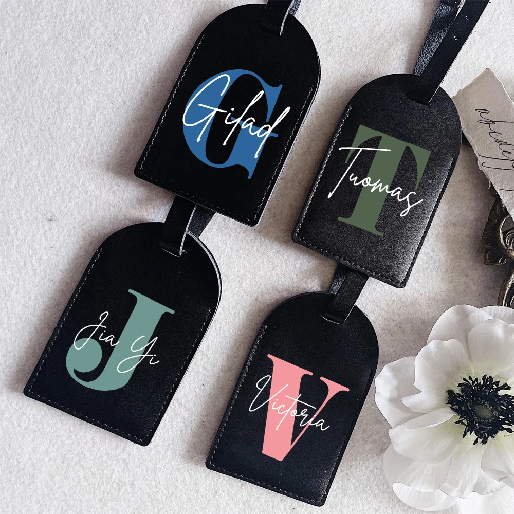 Initial with Name Monogram Luggage Tag Personalised PU Leather for Suitcase Baggage Handbag Tags Travel Bag Label Tag Best Gift