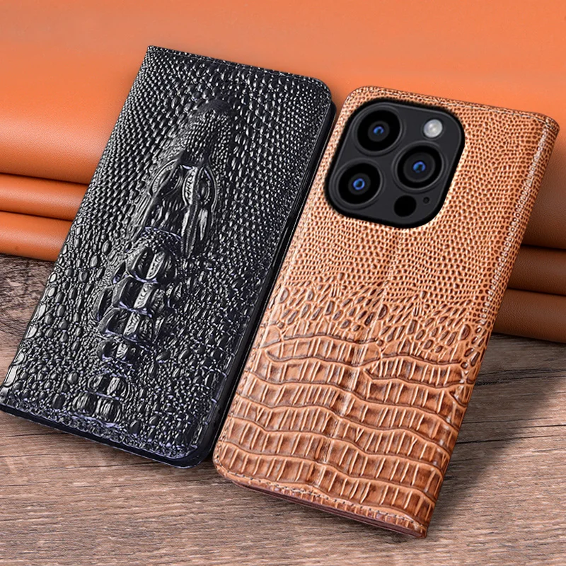 

For APPLE iPhone 14 15 16 16e Pro Max Plus Flip Case 3D Crocodile Head Magnetic Cover Cowhide Genuine Leather Wallet Covers