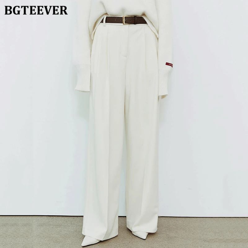 

BGTEEVER Spring Loose Female Suit Pants Elegant Pockets Wide Leg Long Trousers for Women