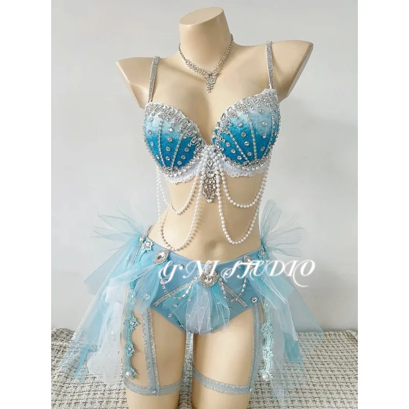Customized Gradient Blue Shell Dress Set Electric Syllable Music Festival Rave Bounce Di Dressing Stage Performance Costumes