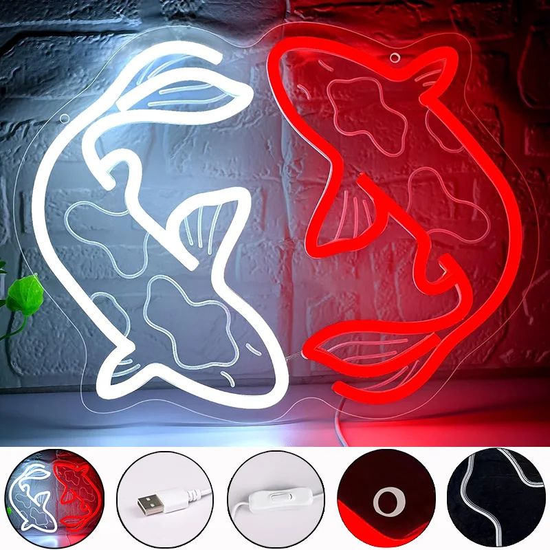 Koi Fish Neon Signs for Wall Decor Japanese Fishes Neon Light Signs Up Night Red White Lights for Bedroom Neon Signs