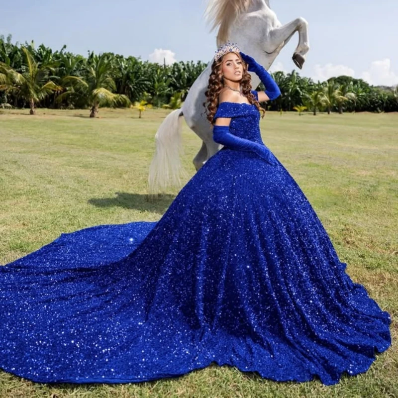 Personalizado brilhante azul royal quinceanera vestidos fora do ombro lantejoulas cristal cauda longa vestido 15 quinceanera