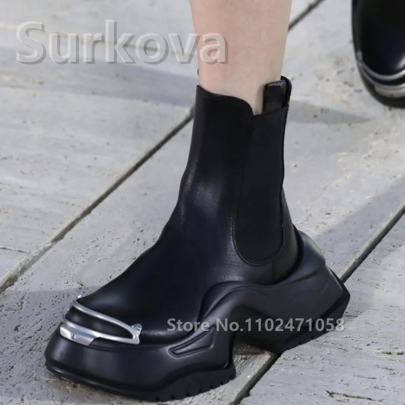 

Fashion Design Metal Round Toe Chunky Bottom Women Boots Ladies Party Dress Shoes Height Increasing Slip-on Chelsea Boots