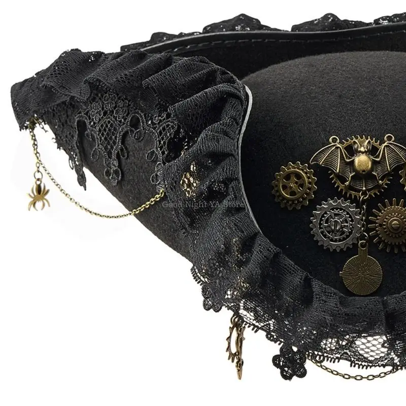 Lace Trim Bat Gear Pirate Hat Breathable Adult Roleplay Headpiece For Halloween Costume And Victorian Theme Party Props view 2