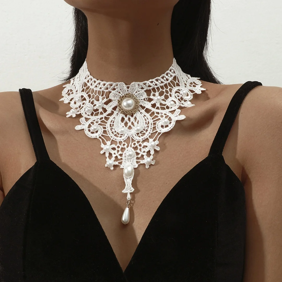 

DUTRIEUX Gothic Victorian White Black Lace Necklace Girl Boho Crystal Tassel Sexy Choker Steampunk Dark Loli Halloween Jewelry