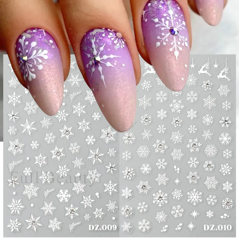 2pcs White Snowflake Nail Stickers With Sparkling Crystal Rhinestones Winter Christmas Design Self-Adhesive Sliders Decals Festi