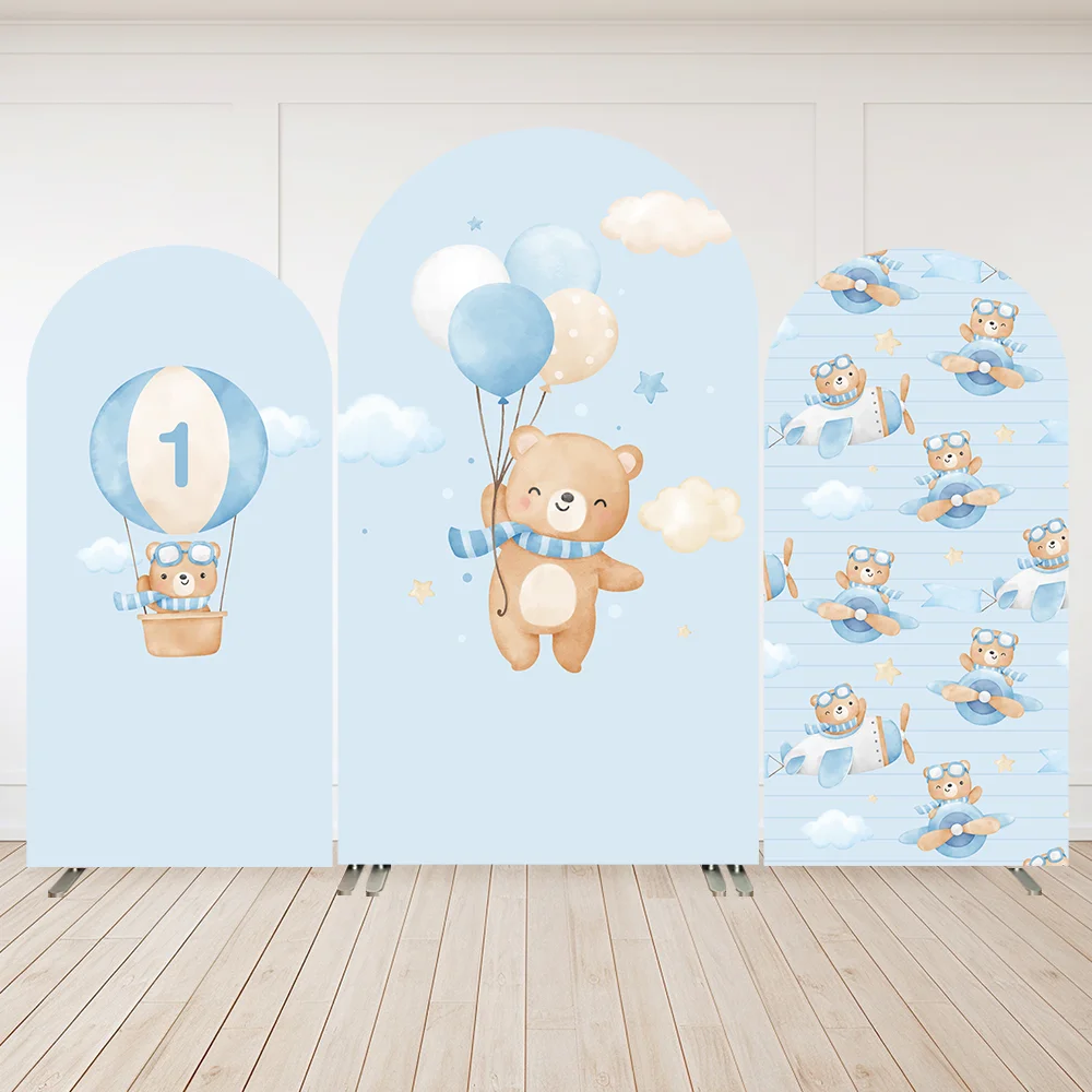

Boy First Birthday Decoration Arched Backdrop Cover Bear Baby Shower Photography Background Arch Wall Newborn Party Banner