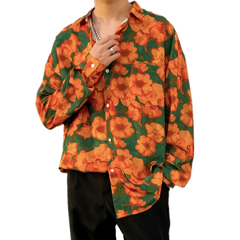 

Men's Flower Printing Long Sleeve Casual Shirts Harajuku Shirt Vacation Men Blouse Drop Shoulder Vintage Clothes Streetwear