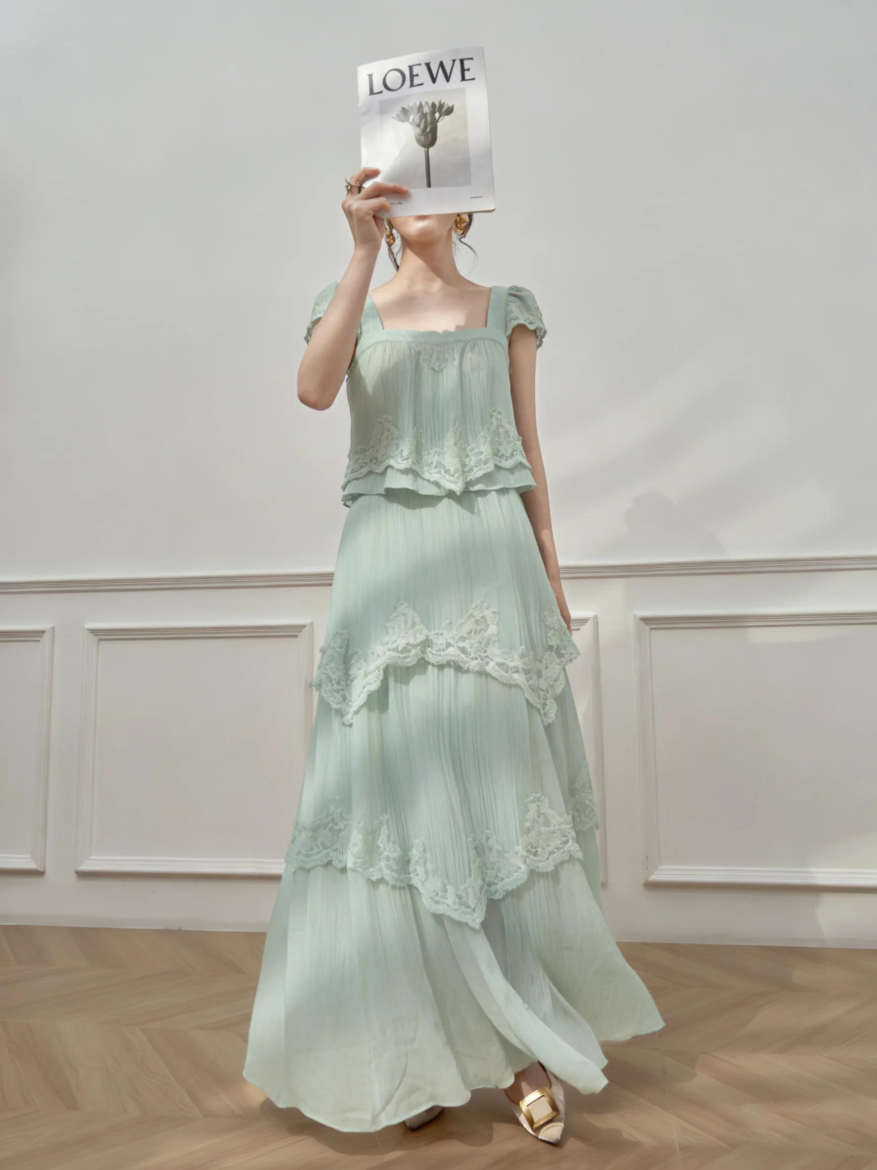 

Mint Green Heavy Embroidery Lace Square Collar Top And Half Skirt Set Women's Fashion Summer Outfit Ootd High Waist Pure Color