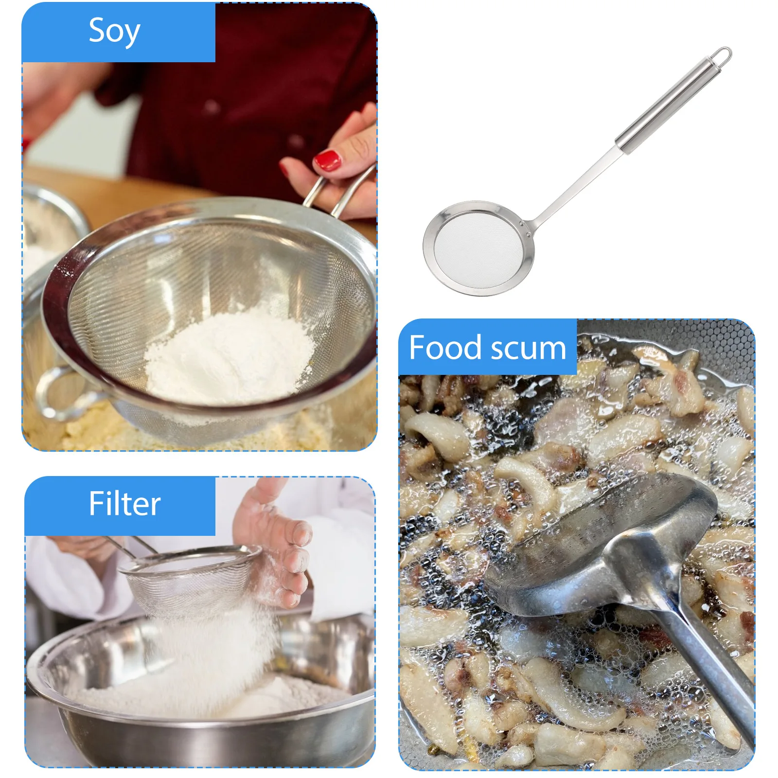 

304 Stainless Steel Skimmer Long Handle Mesh Strainer Skim Grease Fine Filter For Soy Milk Food 10Cm Dishwasher Safe