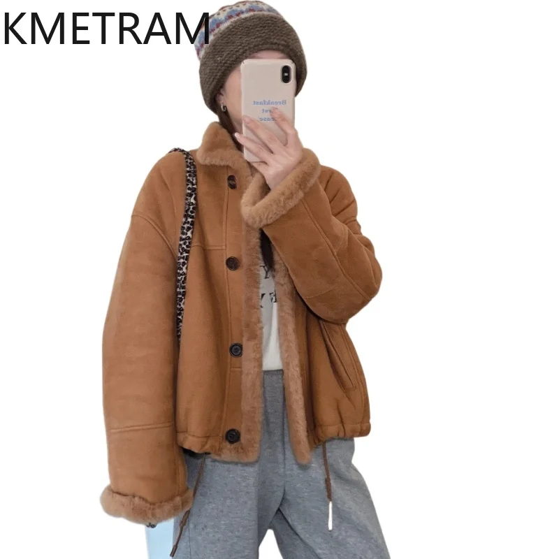KMETRAM 100% Natural Sheepskin Wool Luxury Fur Coats Winter 2025 Casual Short Camel Clothes for Woman пуховик женский зимний