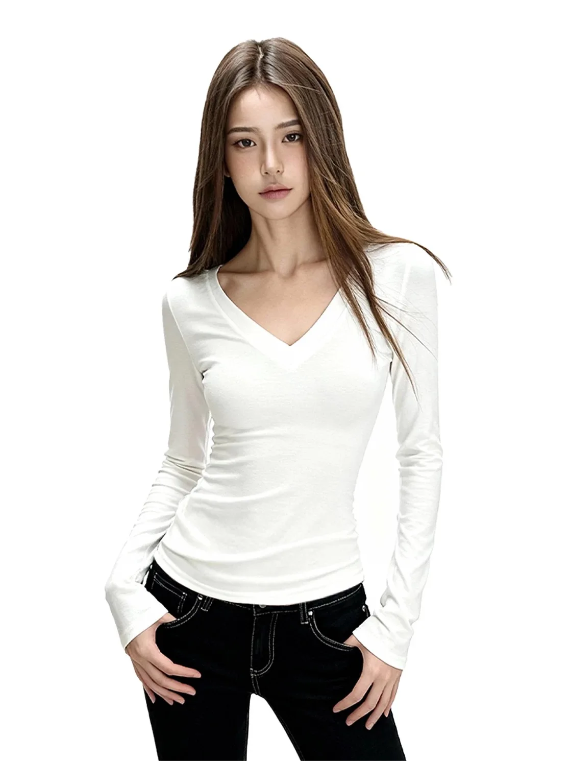 Women's V-Neck Long Sleeve T-Shirt 95 Cotton Base Shirt plus Size Slim Fit Shoulder Appropriate Inner Wear Spring Autumn New ...