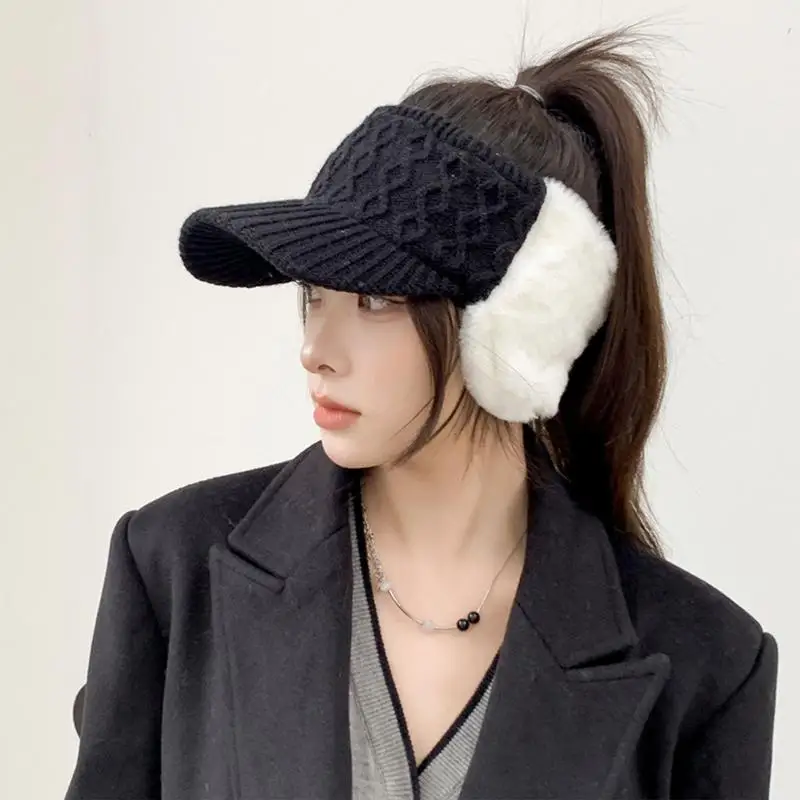 Beanie With Ponytail Hole Open Top Knit Hat With Brim Daily Beanies Golf Tennis Hats Warm Winter Hat For Women Girls