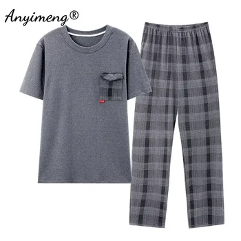 Pyjama d'été en coton tricoté pour hommes, vêtements de nuit à manches courtes, pantalon à carreaux, grande taille 4XL, nouvelle collection