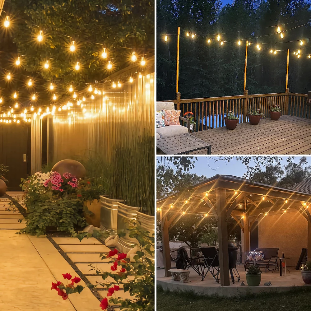 65FT Outdoor-Girlanden-Lichterkette, 48 LEDs + 2 bruchsichere ST38-Edison-Glühbirnen, wasserdicht, für Terrasse, Veranda, Garten, Hochzeit, Dekor, Lampen, 2200 K – Detail 13