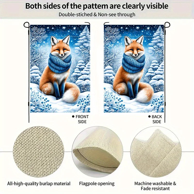 1pc Winter Snow Fox Garden Flag Outdoor Lawn Decor, Holiday Home Decor Banner Double Sided Waterproof Burlap Flag 12X18inch