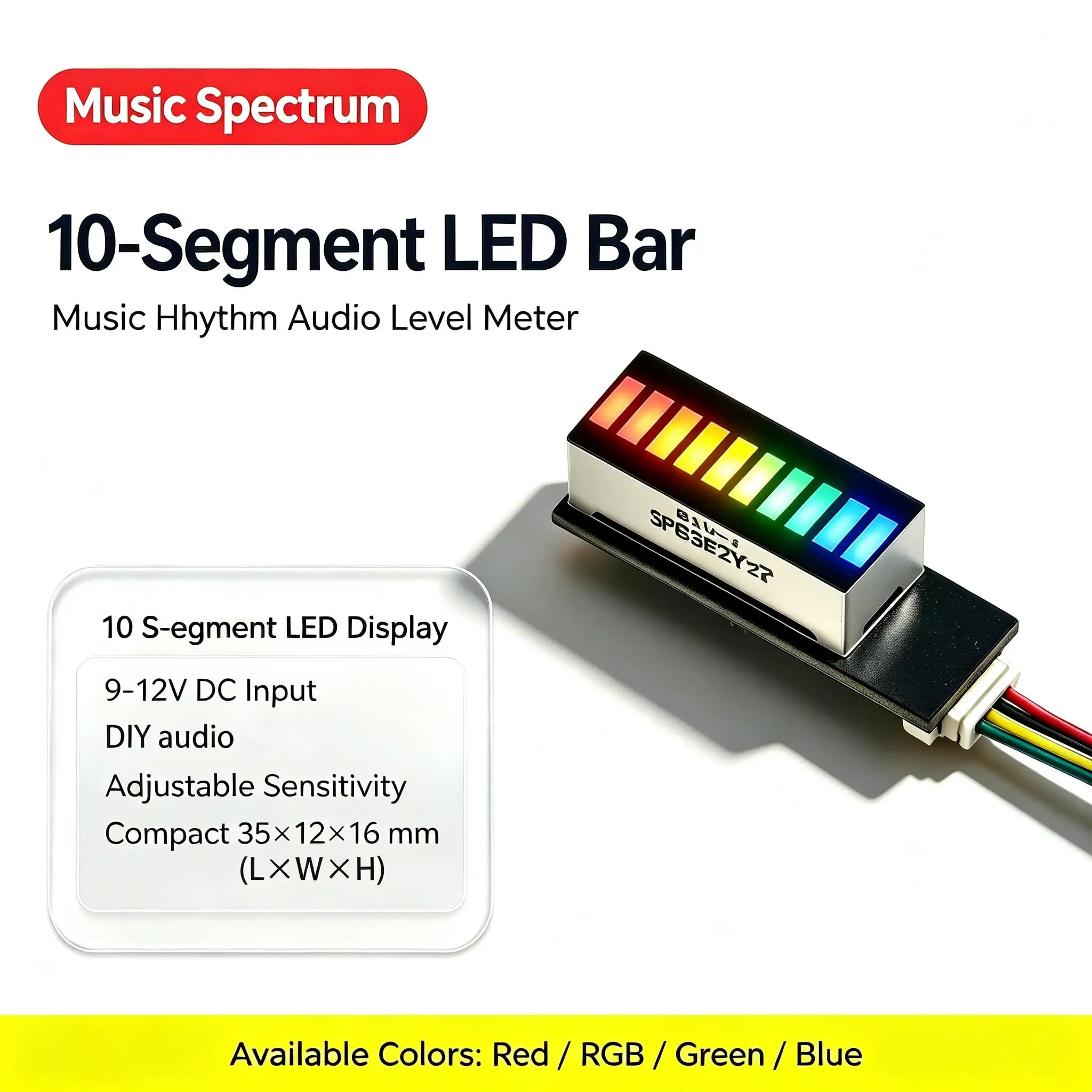 DYKB 10-Segment LED Audio Level Meter VU Indicator Music Rhythm Lightbar Amplifier DIY Adjustable Sensitivity 9-12V DC 5V Module