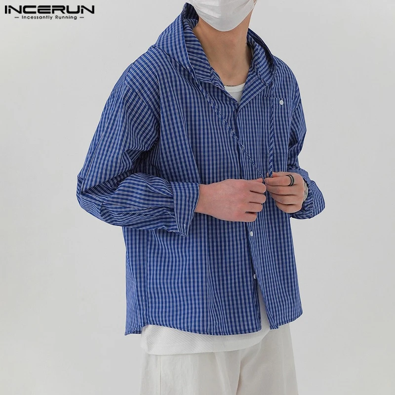 

INCERUN Men Plaid Shirt Hooded Long Sleeve Button Loose Casual Men Clothing Autumn Streetwear 2025 Fashion Shirts Male Tops