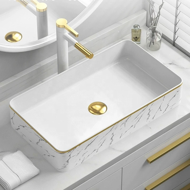 modern luxury hotel bathroom vanity wash basin marble style ceramic art sink, rectangular design easy to clean function