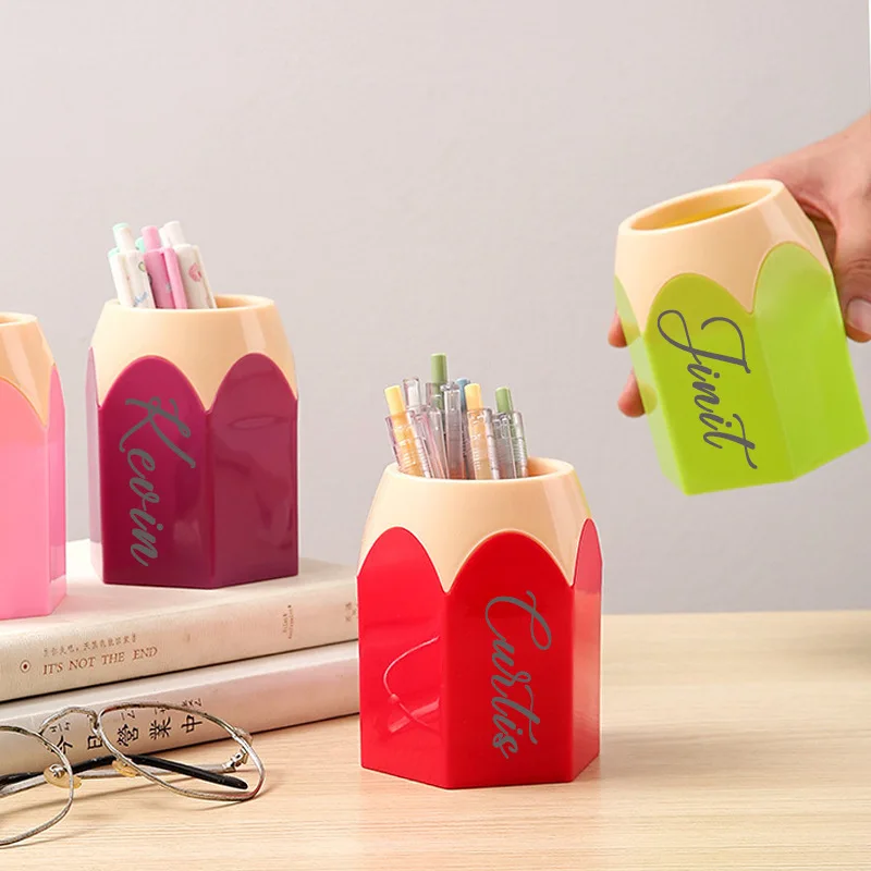 Custom name pencil holder, cute big pencil-shaped desktop organiser, personalised school supplies, colourful pen storage jar