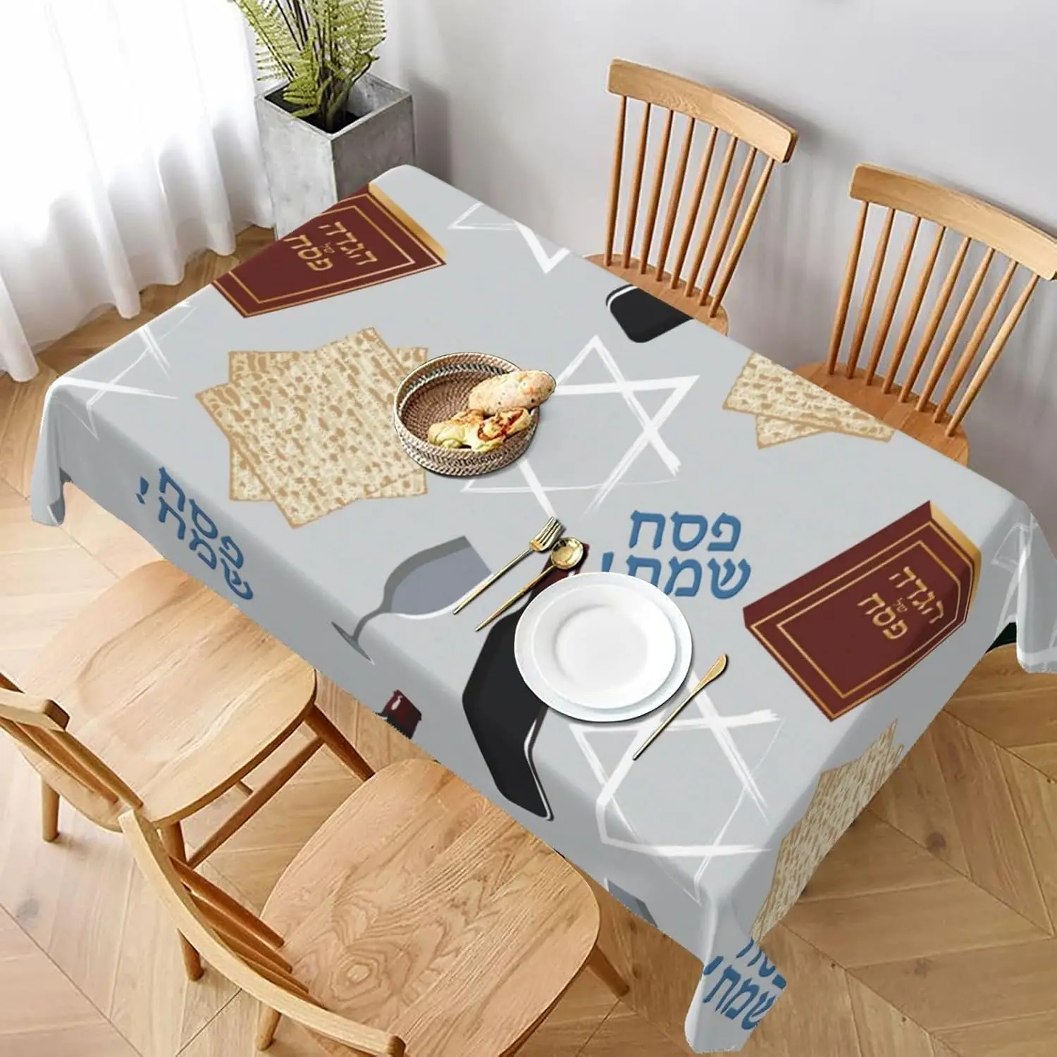 Happy Passover Rectangle Tablecloth Party Decor Hebrew Pesach Matzo Red Wine Kitchen Dining Table Cloth Passover Decorations