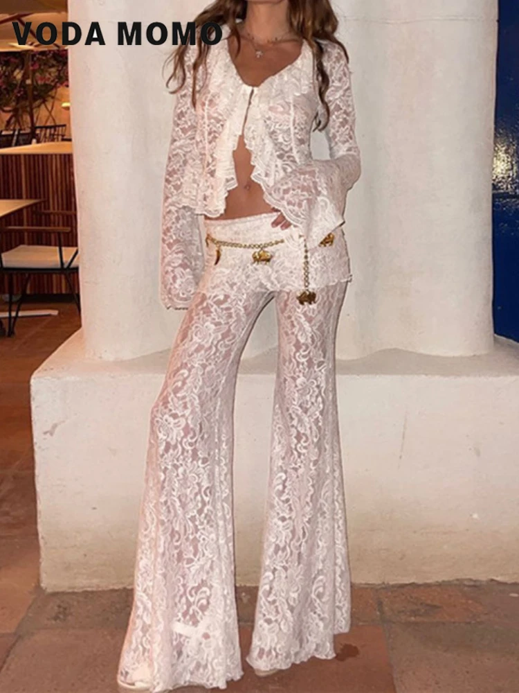 Two Piece Set Women Long Sleeve See Through Lace Ruffles Blouses Crop Top Long Flare Pants Sexy Club Party Street Suits Fashion