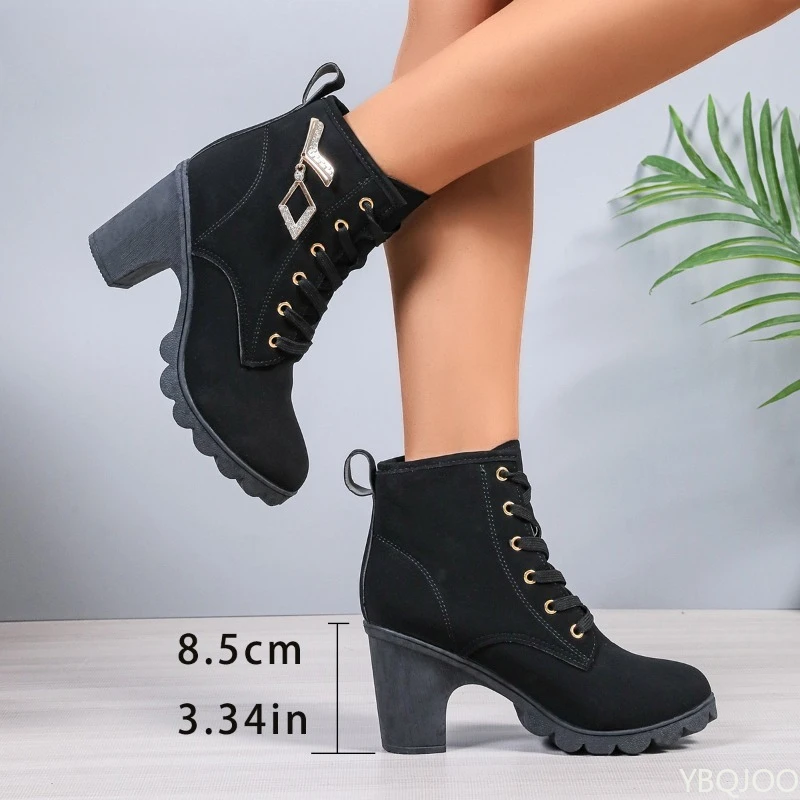 

Большой размер, осенне-зимняя мода, новинка, аксессуары со стразами, женские ботинки с круглым носком, женские ботинки на высоком каблуке на толстой подошве