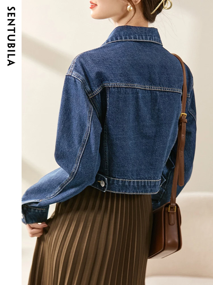 SENTUBILA Cropped Denim Jacket Fall 2024 Fashion Classic Loose Washed Contton Blue Jeans Jacket Women Clothing New In Outwears