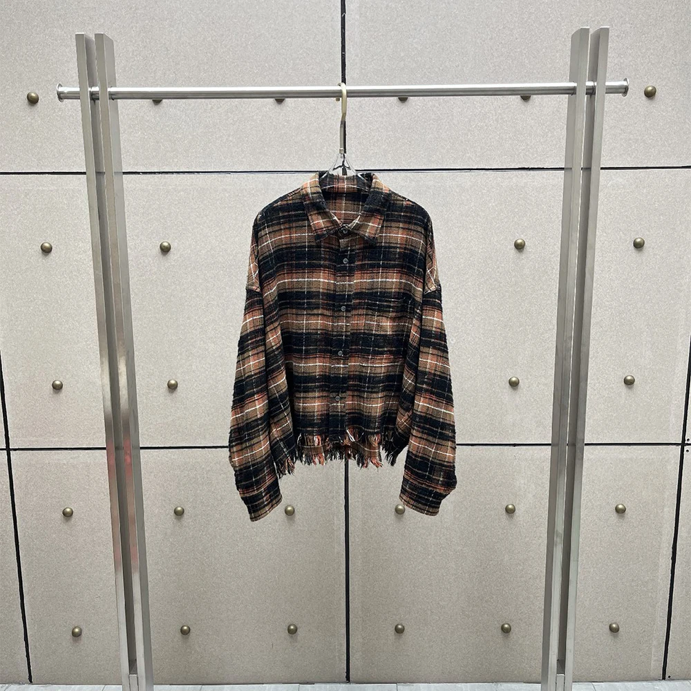 Women 100% Cotton Plaid Shirt, Lapel Long Sleeve Button Down Blouse, Raw Fringe Hem Loose Top for Ladies Street Casual Outfit