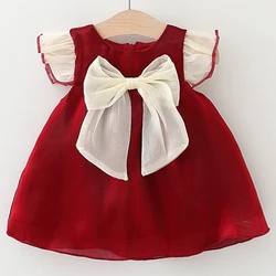 New In Summer Toddler Girl Dresses Korean Cute Bow Mesh Sleeveless Red Princess Luxury Birthday Dress Baby Clothes Outfit BC303