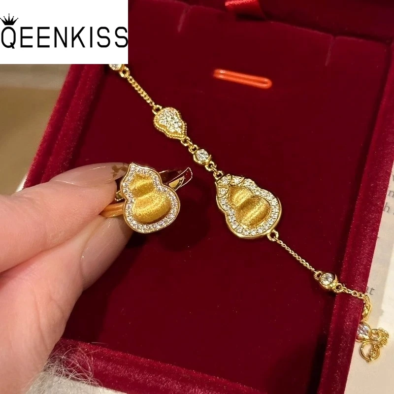 QEENKISS Gold Calabash Bracelet +Ring For Women Wedding Party Birthday Christmas Bride Mother Girlfriend Ladies Gifts JS585