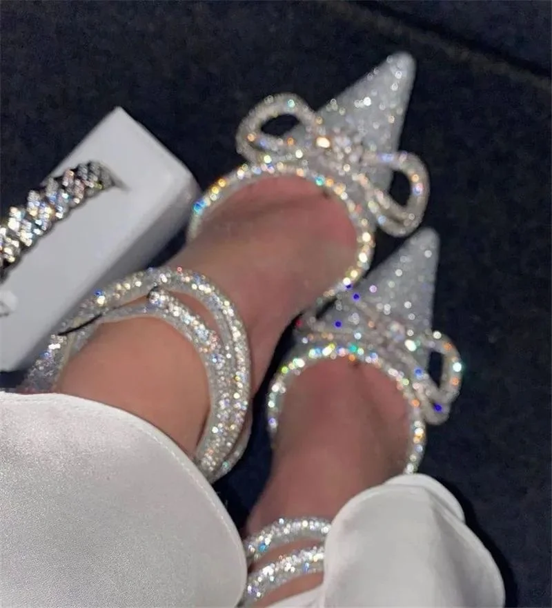 Glitter Rhinestones Crystal Bowknot Satin Women Pumps Sandals Shiny Party Shoes Flat Heel Comfortable Two-Layer Pigskin Inner