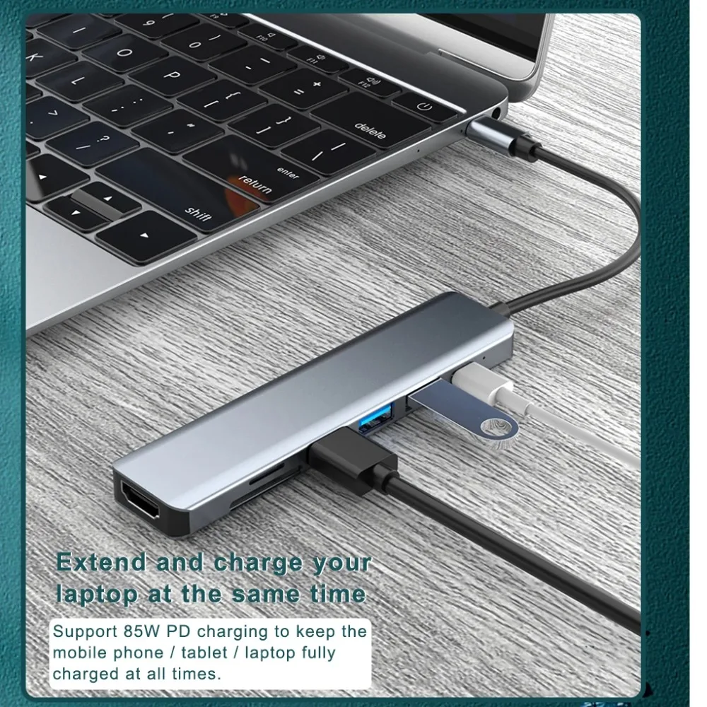 7 In 1 Aluminum Usb C Hub 4K Hdmi-compatible 3 Usb3.0 Ports Sd Tf Card Reader Pd 100W Multiport Adapter For Macbook Ipad Laptop