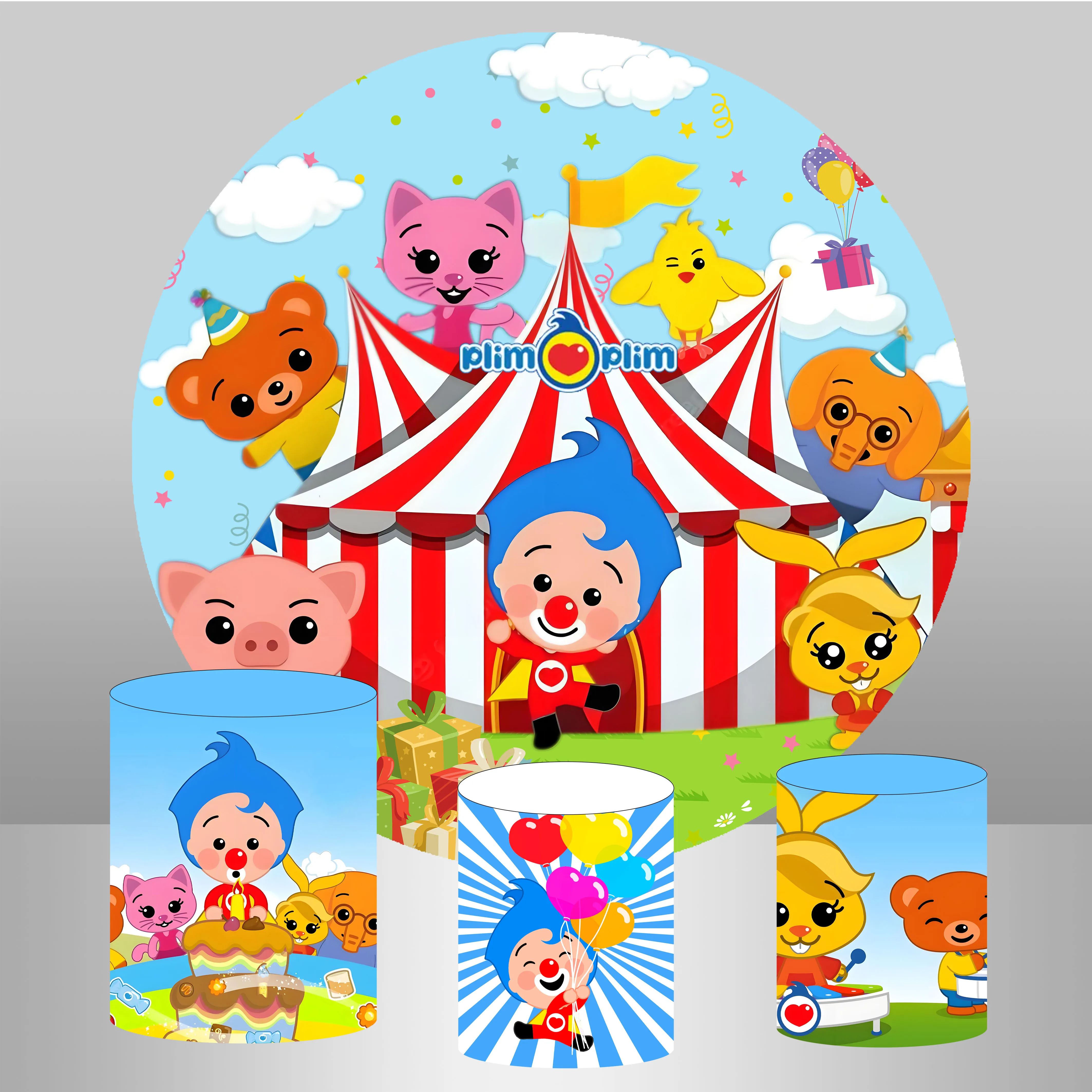 

Plim Plim Birthday Elastic Round Backdrop Baby Shower Red Tent Pig Background Three Cylinders Background Circle Columns Covers