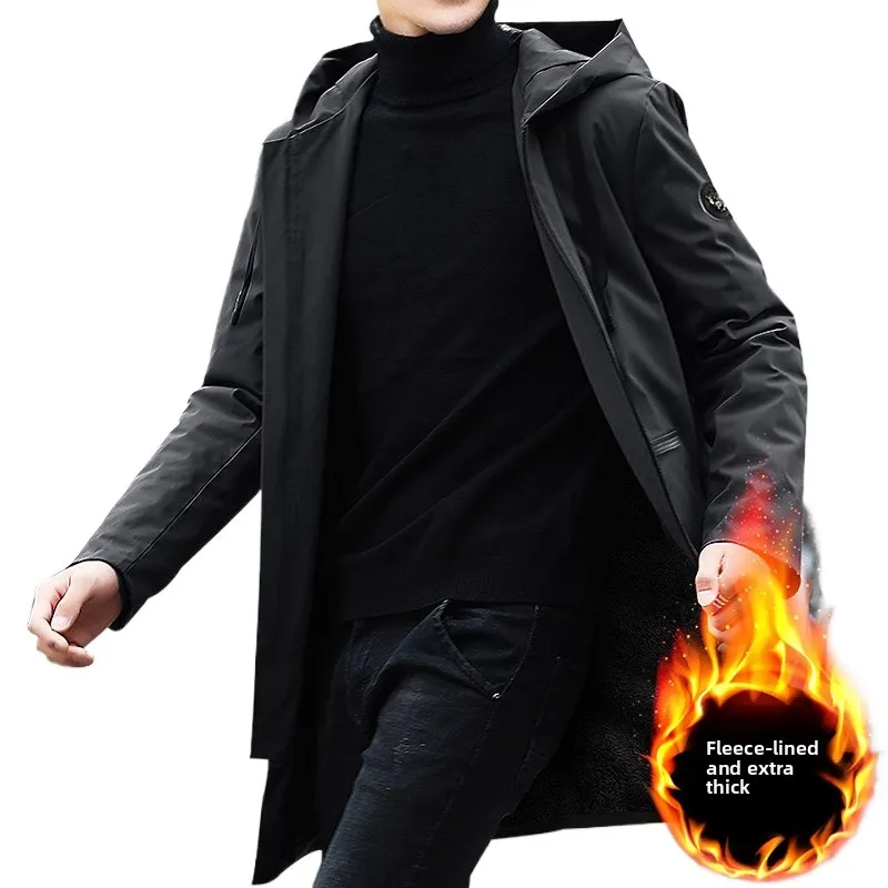 

Новинка 2025, зимняя мужская куртка на флисовой подкладке, плащ средней длины, модный топ, теплое хлопковое пальто