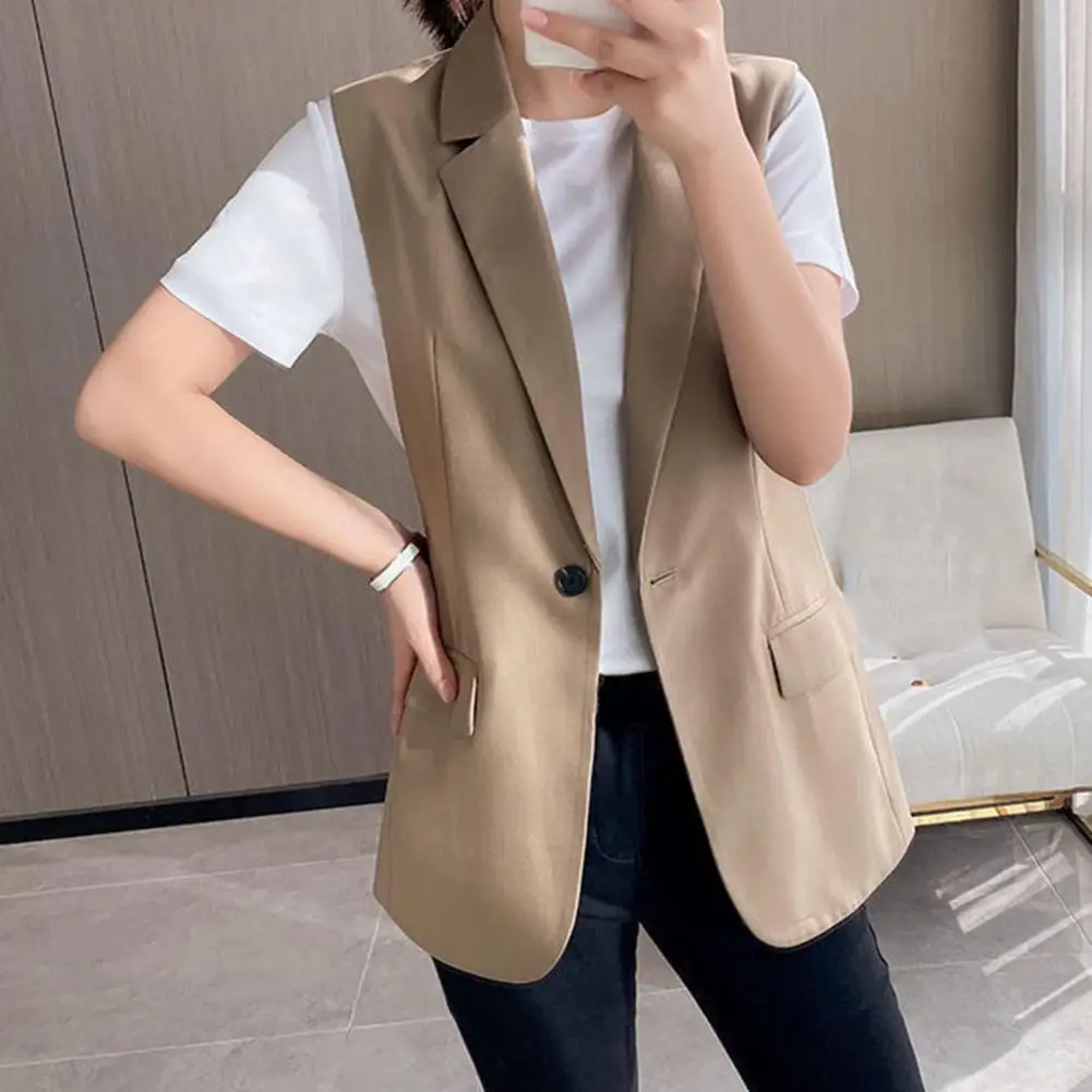 Blazer Vest Regular Length Breathable Dressing Up Fashion Solid Color Lapel Office Suit Waistcoat   Vest Jacket  for Travel