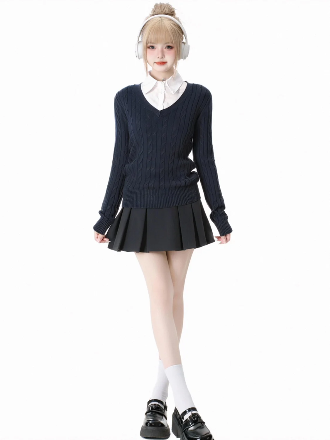 

Женский вязаный свитер с v-образным вырезом, жилет, осень-зима Faion College Sle, верхняя одежда Long Sve Slim Fit Base irt синего цвета