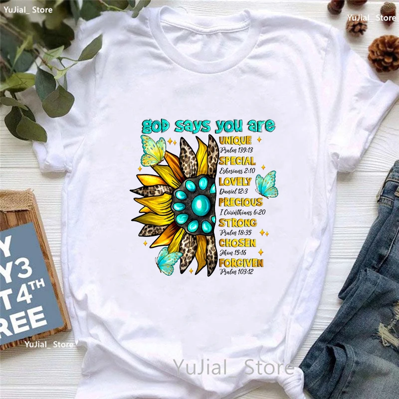 

God Says You Are Unique/Special/Lovely/Precious/Strong Graphic Printed Tshirt Girls Leopard Cat'S Paw Butterfly T Shirt Women