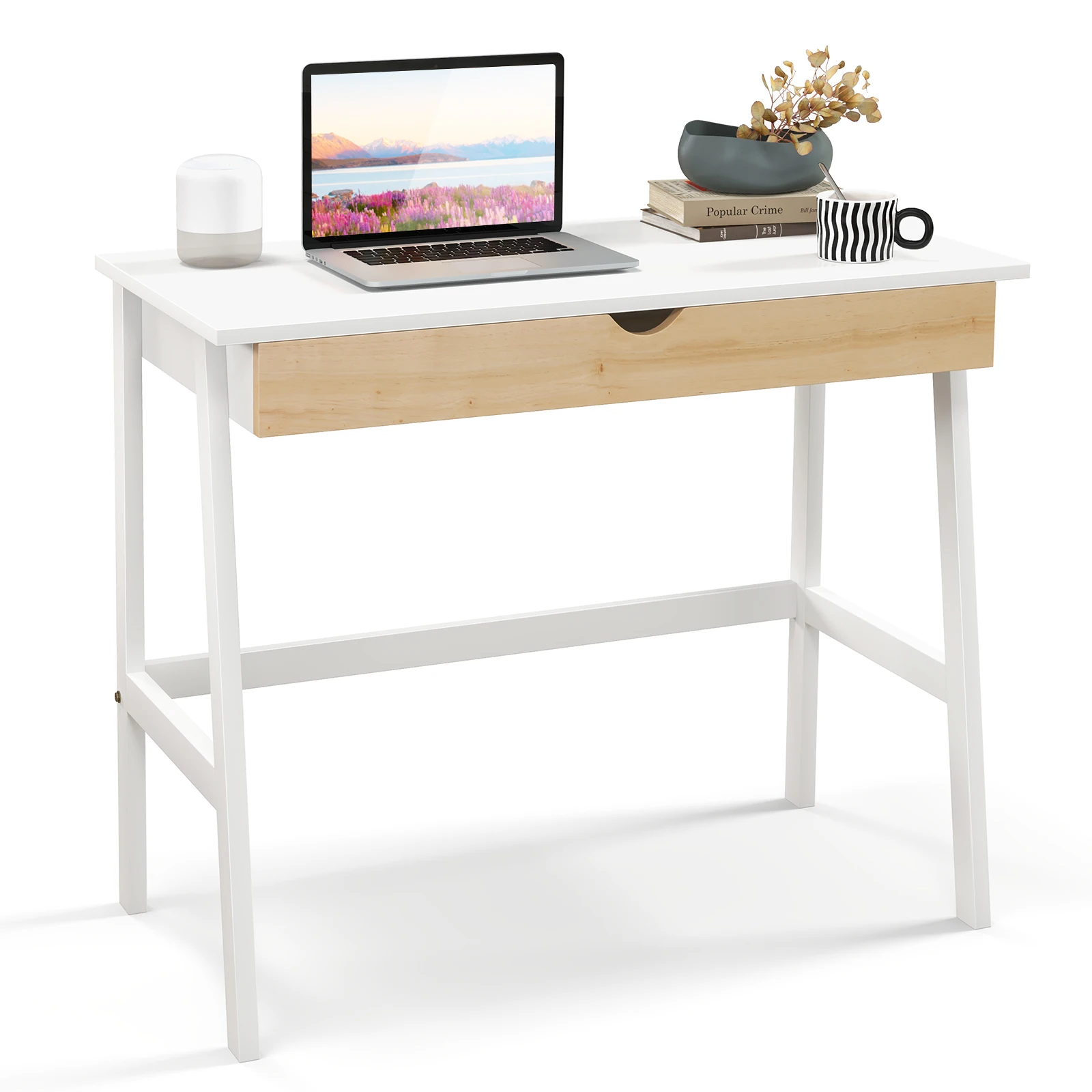 Computer Desk Wooden Workstation Vanity Table w/ 1 Drawer & Rubber Wood Legs