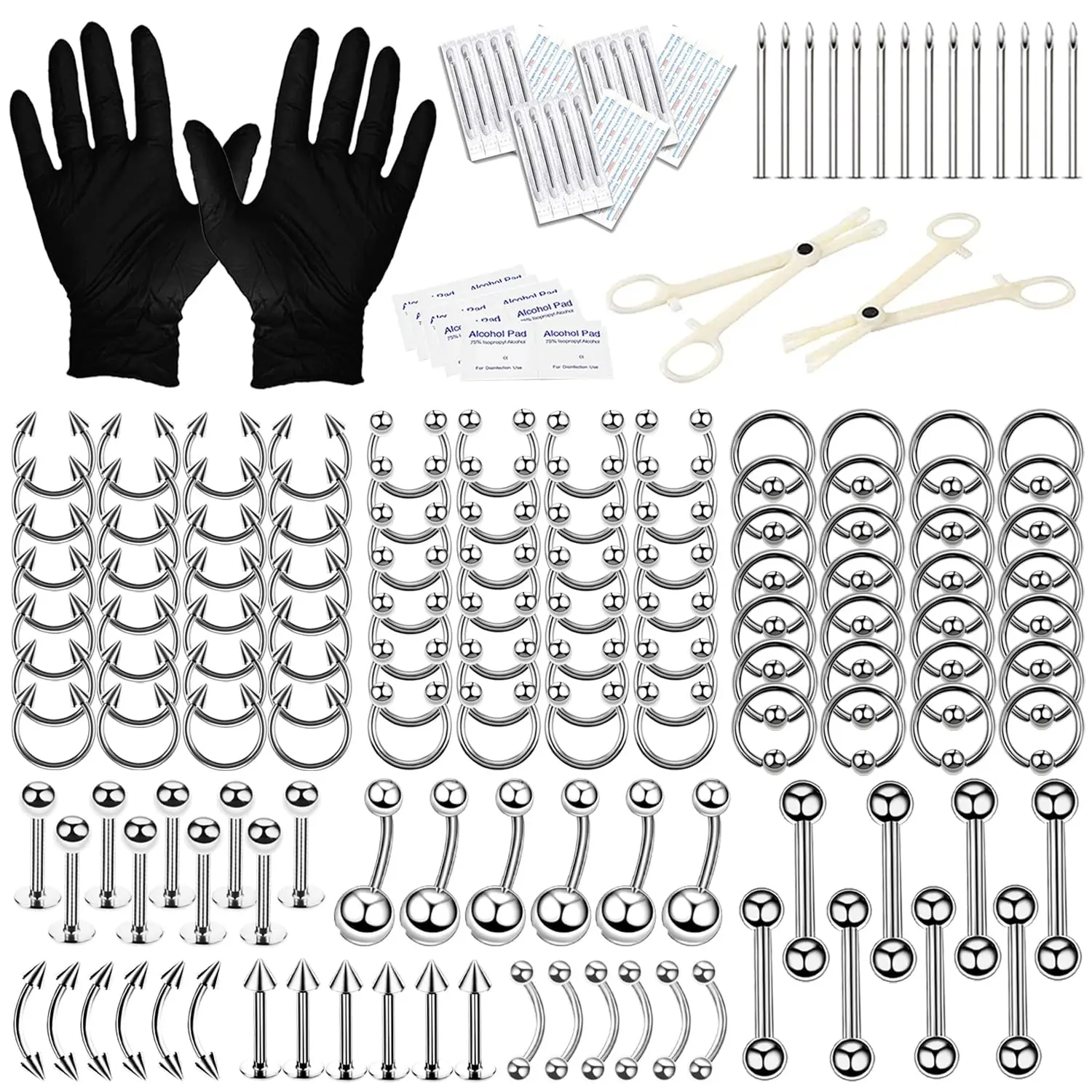 Nose Septum Ear Cartilage Lip Belly Navel Tragus Eyebrow Surgical Steel 14G 16G Barbell Spike Tools Needles Gloves Clamps