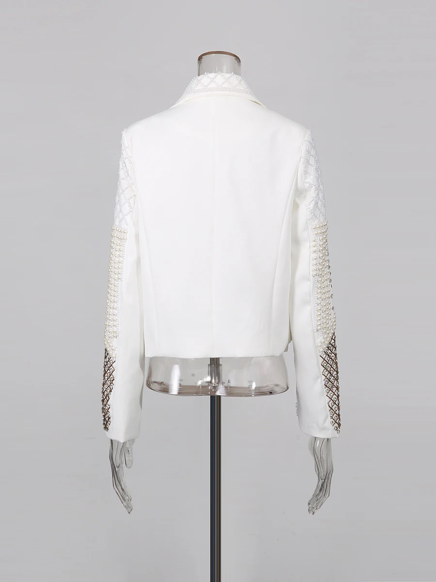 TWOTWINSTYLE Colorblock Slimming Spliced Embroidery Coat for Women Lapel Long Sleeves Patchwork Pearl Jackets Female Clothing