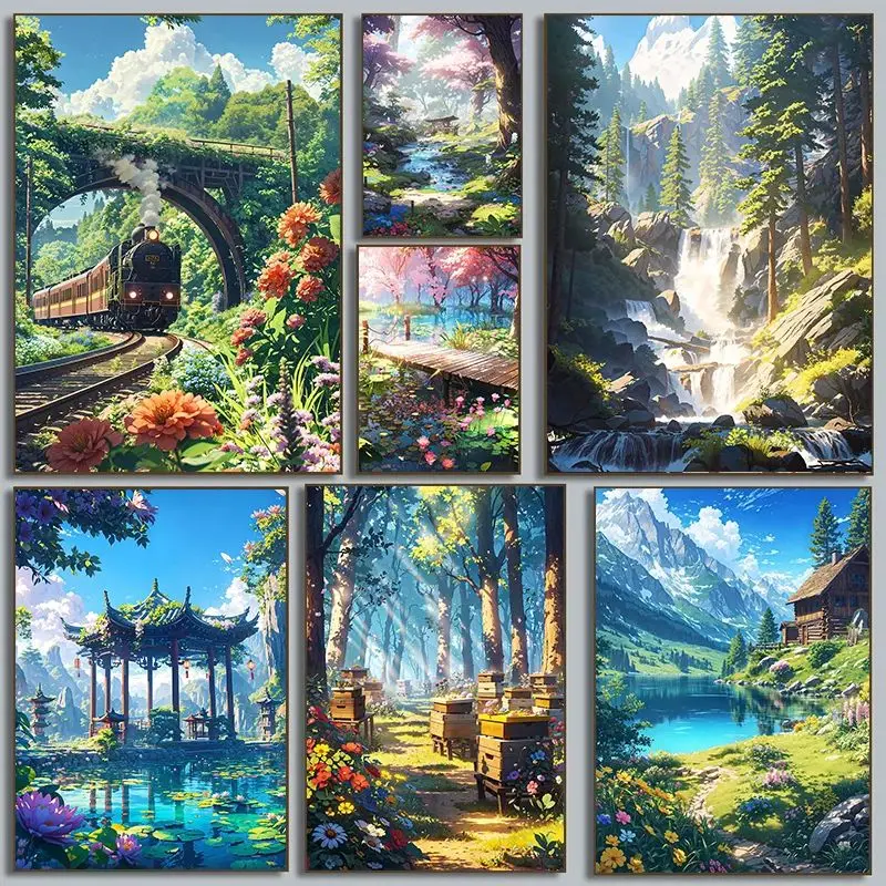Spectacular Views Wildflower Field Poster Scenic Nature Mountain Valley Spring Summer Landscape Canvas Paintings Wall Home