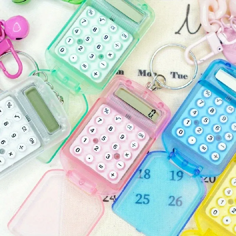 Mini Transparent Flip Calculator Portable Pocket Device for Primary Students Cute Keychain Design Exam Dedicated Stationery Gift