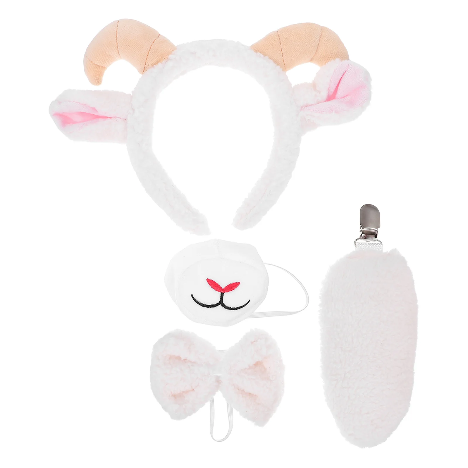 1 Set Animal Lamb Costume Set Goat Ears Headband Clip On Tail Curved Sheep Horns Lamb Nose Face Piece For Party Cosplay Farm