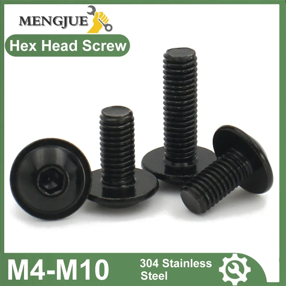 20/10/5pcs Black 304 Stainless Steel M4 M5 M6 M8 M10 Hex Hexagon Socket Round Button Flange Head With Washer Collar Screw Bolt