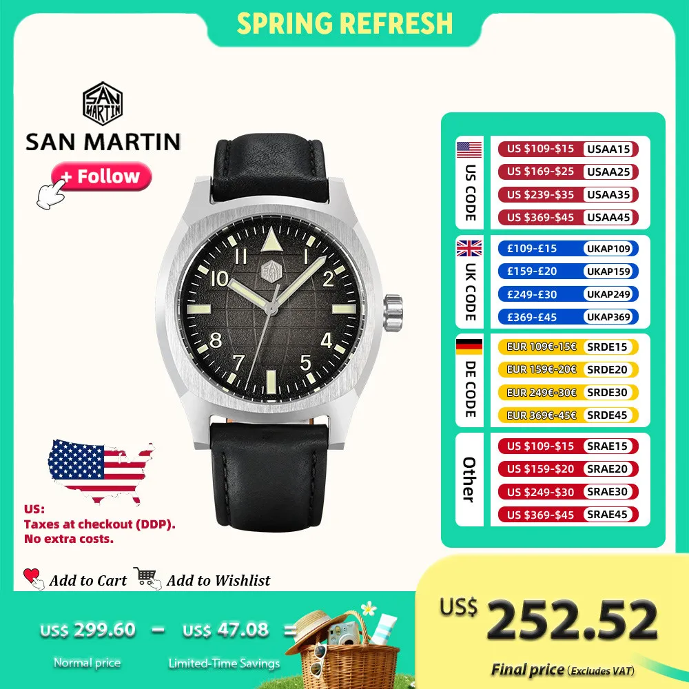 

San Martin Design Men Luxury Watch 38mm Vintage Sport PT5000 Steel Automatic Mechanical Watches Waterproof 10Bar Luminous SN0026
